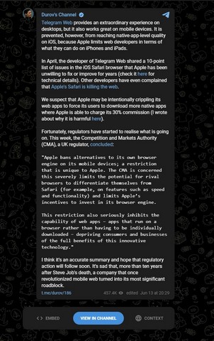 టెలిగ్రామ్ ఫౌండర్ యాపిల్ను పరిశీలించారు "ఉద్దేశపూర్వకంగా దాని వెబ్ యాప్లను నిర్వీర్యం చేస్తోంది"